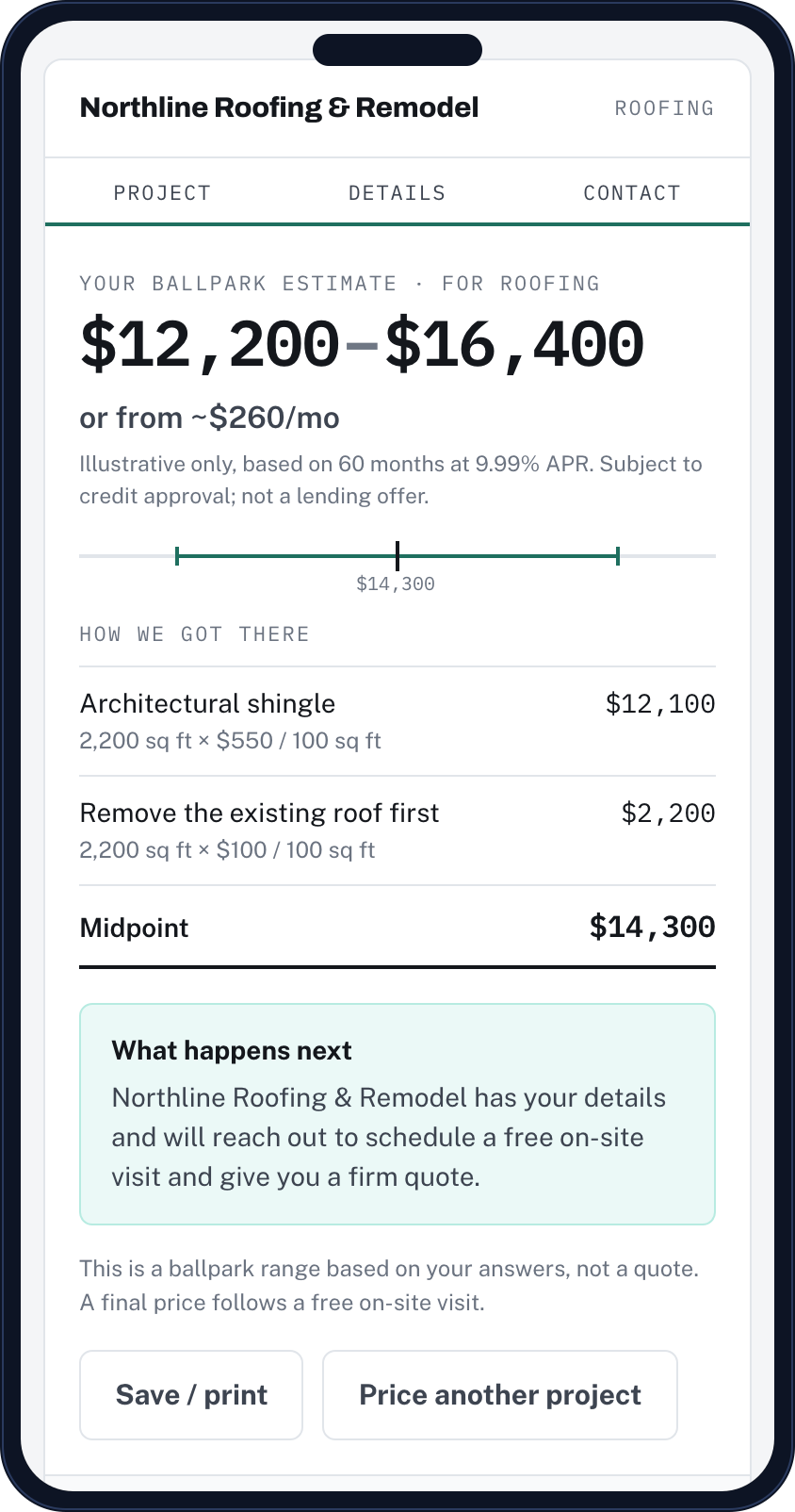 The estimate on a phone: a $12,200–$16,400 range, a monthly financing figure, and the full cost breakdown